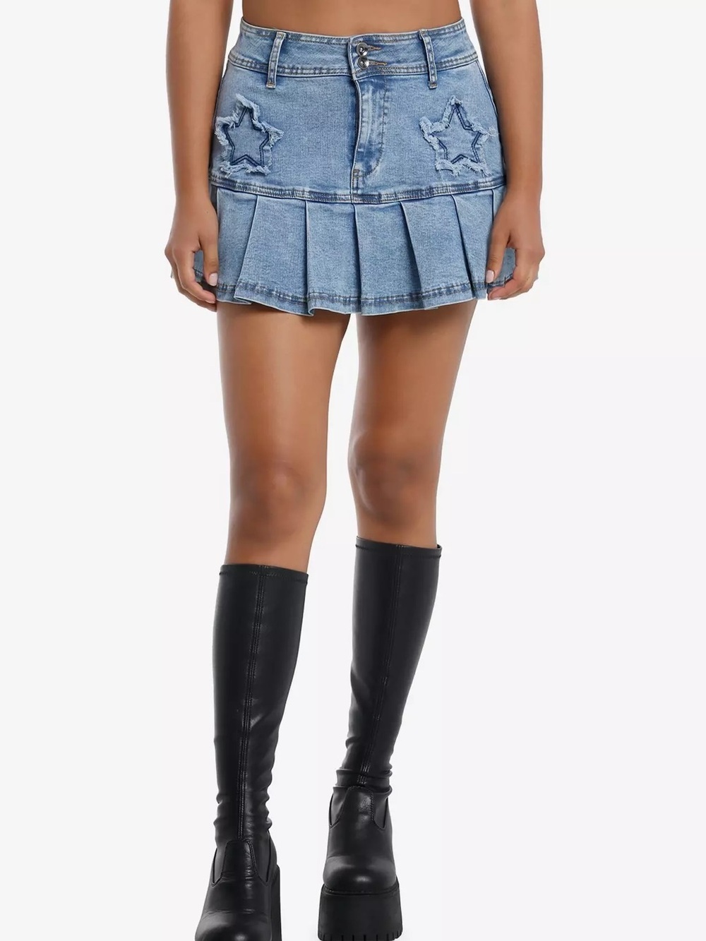 Sweet Society Light Wash Star Patch Denim Pleated Mini Skirt Womenβs S/M